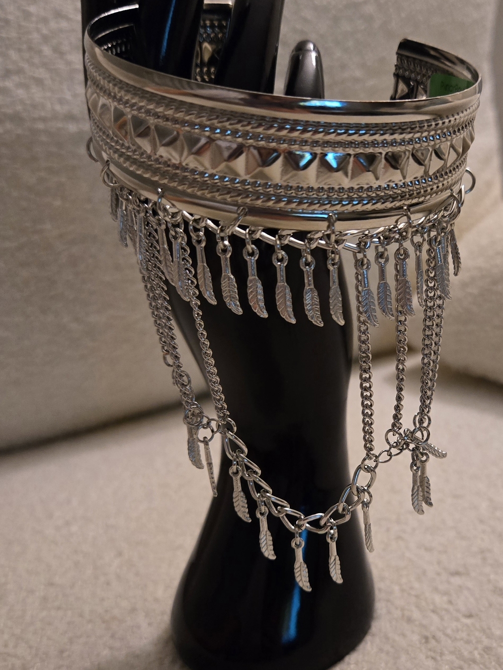 Silver Feather Fringe Cuff Bracelet